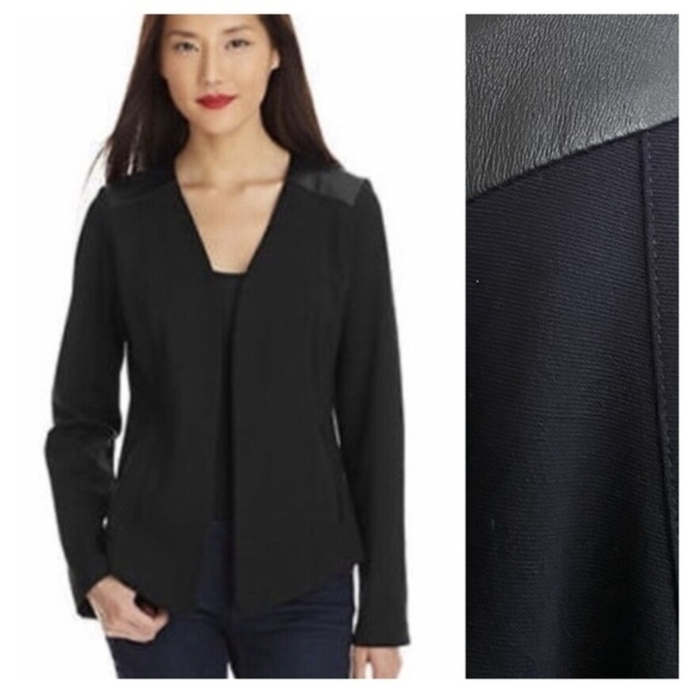 Eileen Fisher Black Viscose Stretch Ponte Leather Detail Jacket Small